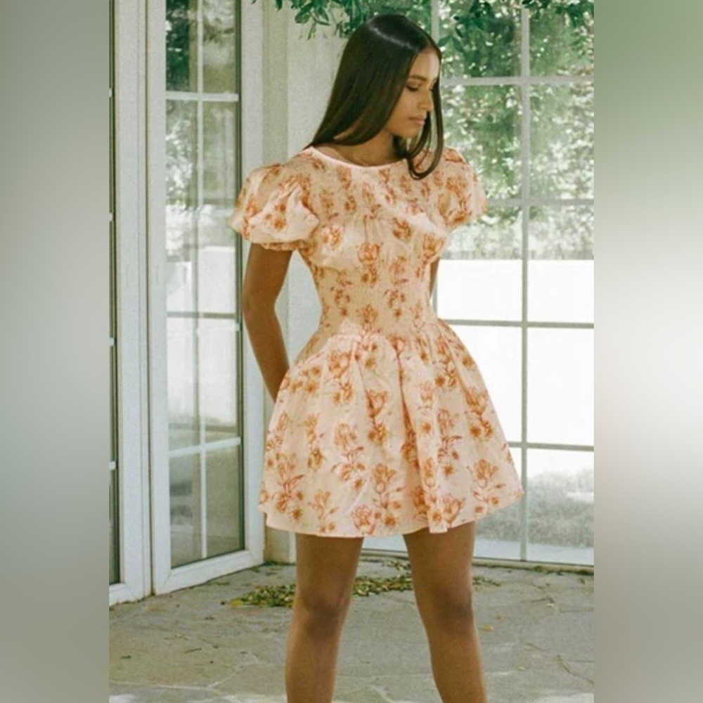 NEW Sabo Skirt Charlize Floral Puff Sleeve Mini Dress Pastel Orange Sz XS - Picture 2 of 13